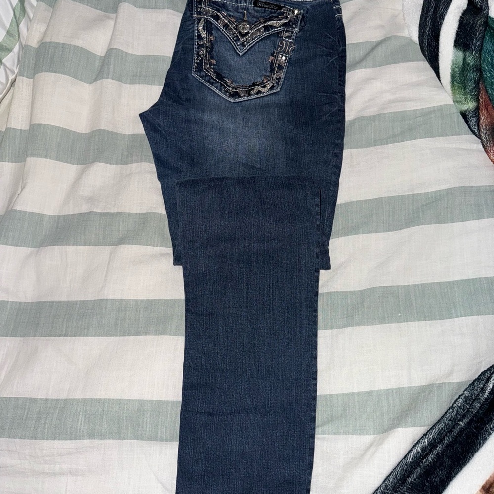 Miss Me Blue Boot Cut Jeans with Decorative Stitching